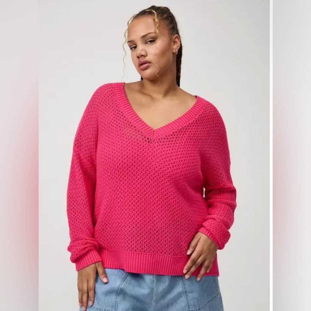 Torrid Open Stitch V-Neck Sweater  in Hot Pink